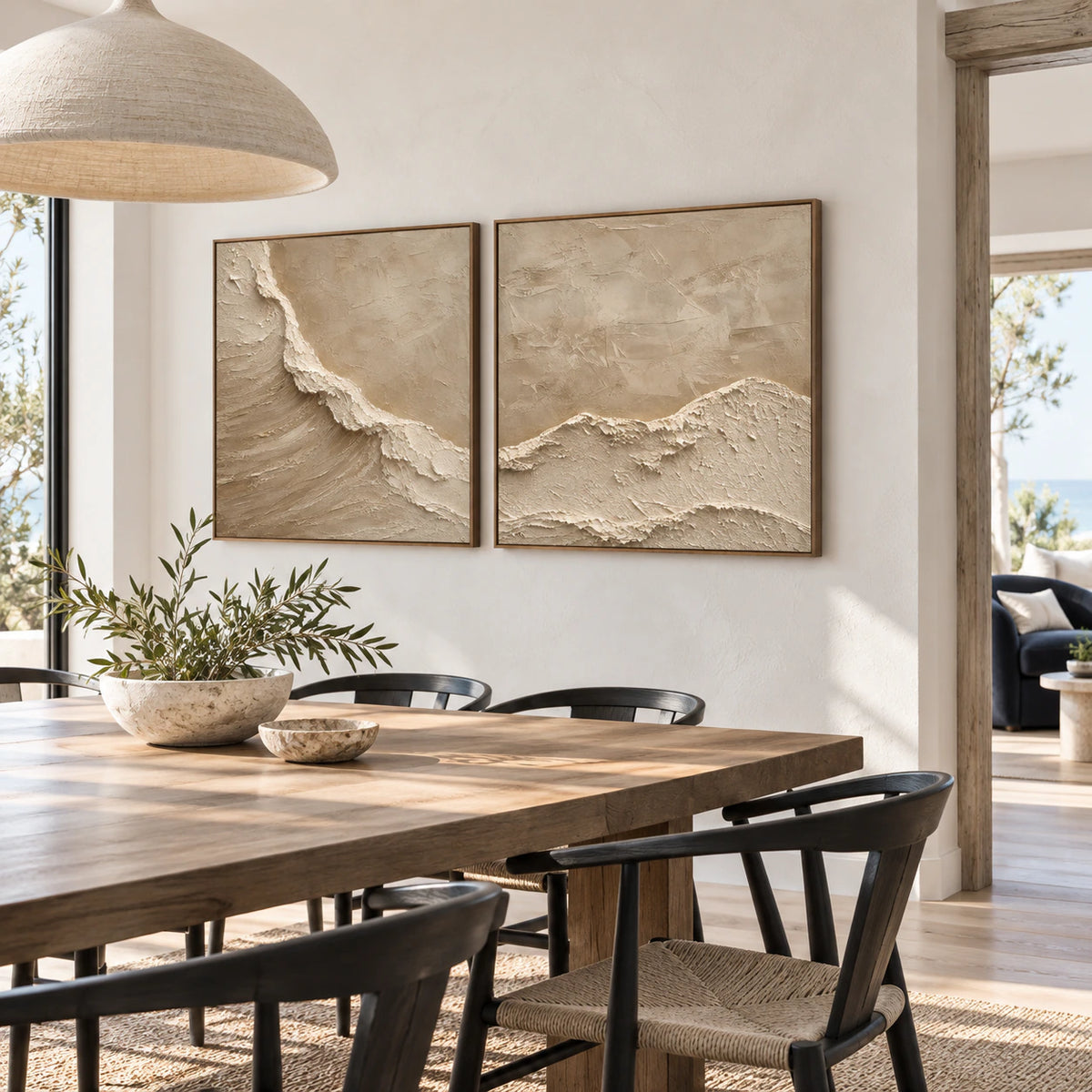 Refined dining room featuring the Chalk-Ridge diptych as the focal artwork.