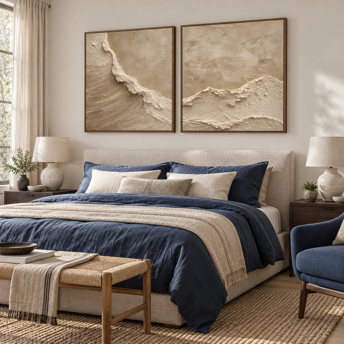 Quiet daylight bedroom with the Chalk-Ridge diptych above a low upholstered bed.