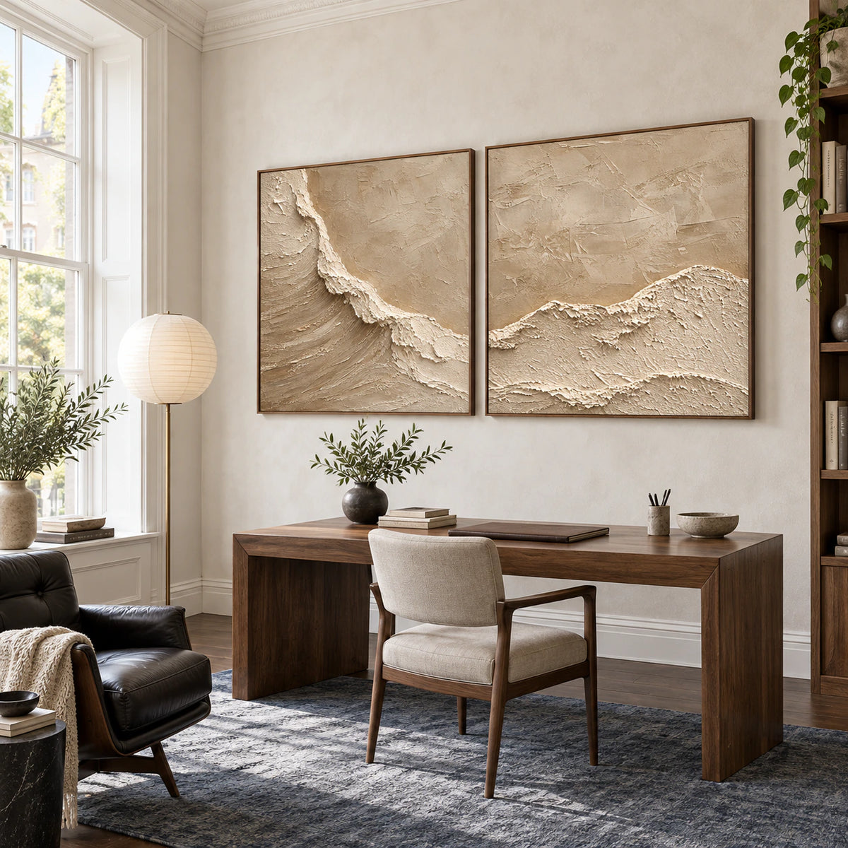 Airy reading office with the Chalk-Ridge diptych as the principal wall feature.