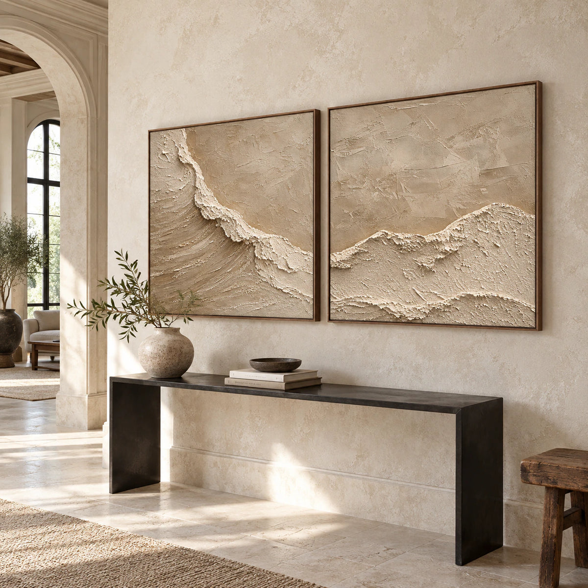 Gallery-scale foyer with the Chalk-Ridge diptych installed prominently on a generous wall.