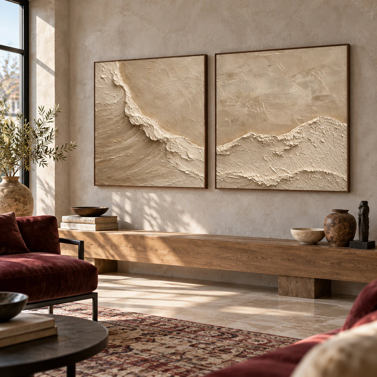 Expansive hospitality loft with the Chalk-Ridge diptych as a large-scale focal point.