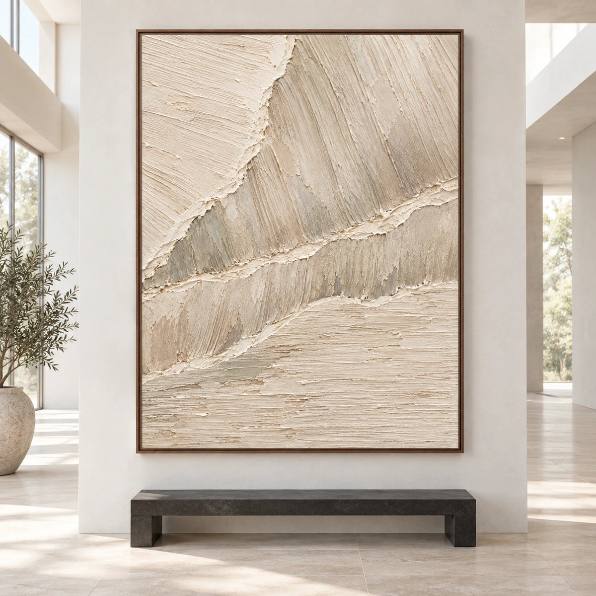 Large vertical Chalk-Ridges painting shown straight-on in a bright architectural living space.