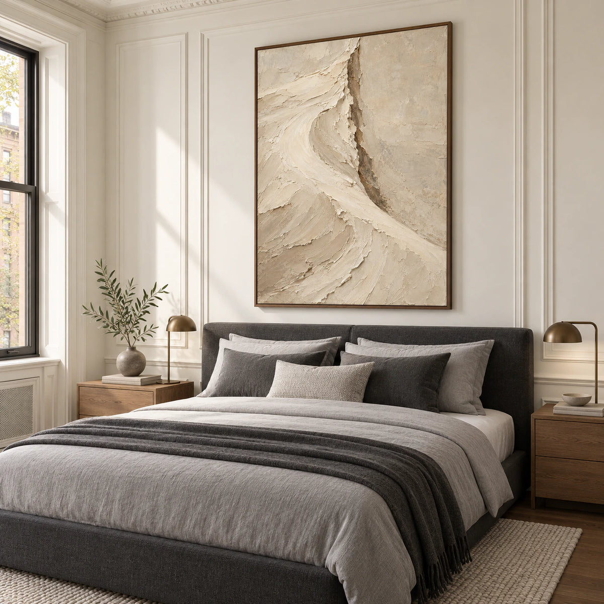 Chalk-Rift bringing tactile calm to a quiet, bright bedroom.