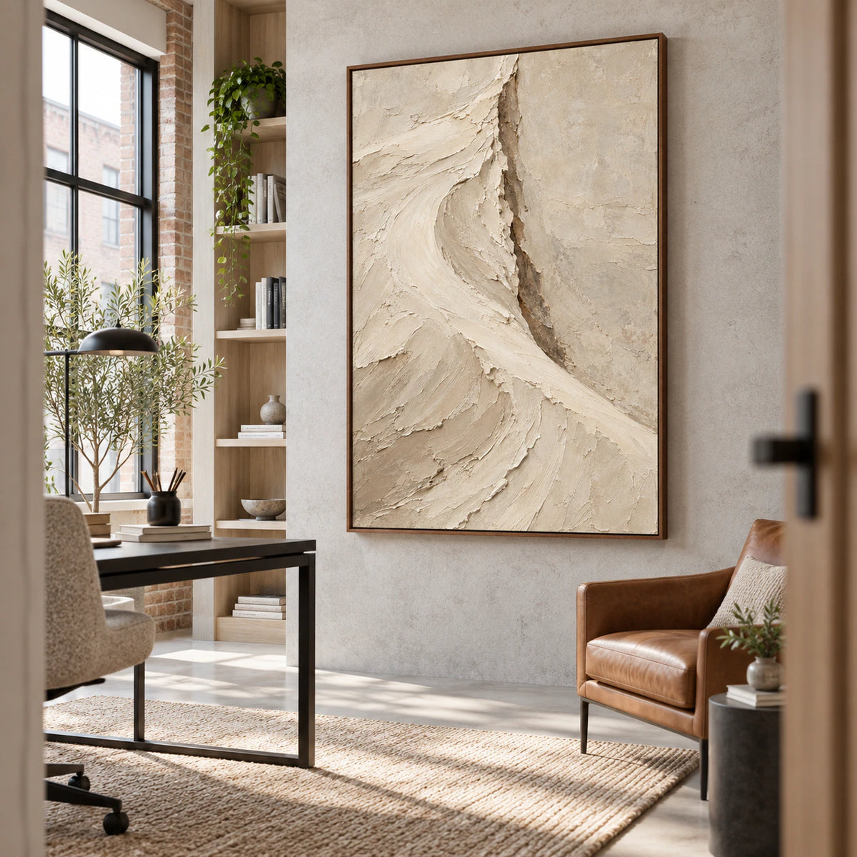 Chalk-Rift in an airy home office with natural light and open shelving.