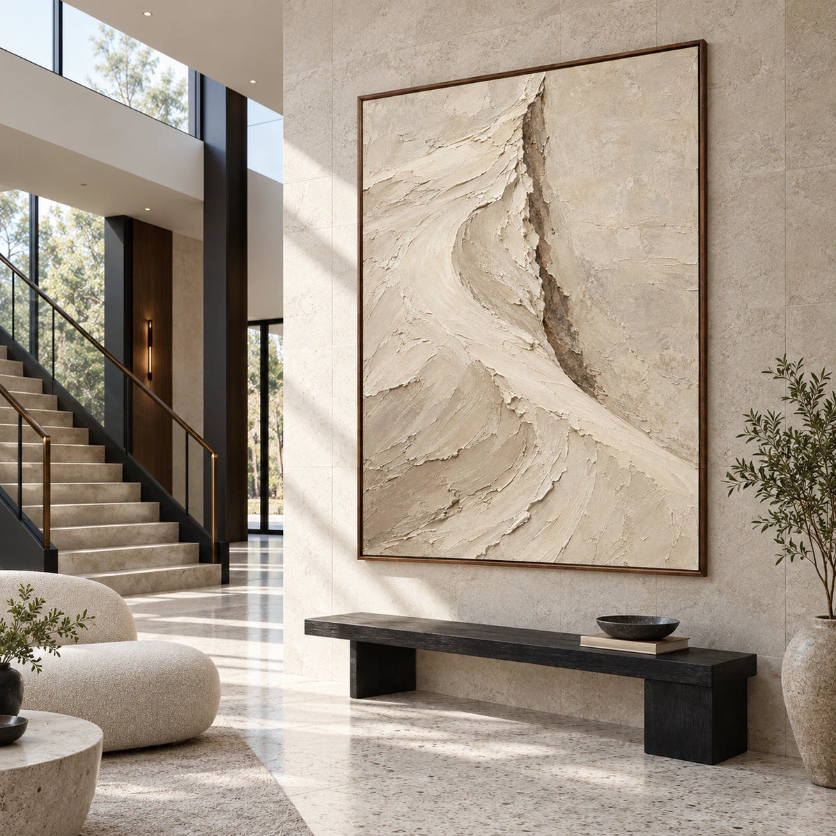 Chalk-Rift at gallery scale in a luminous stone-lined foyer.