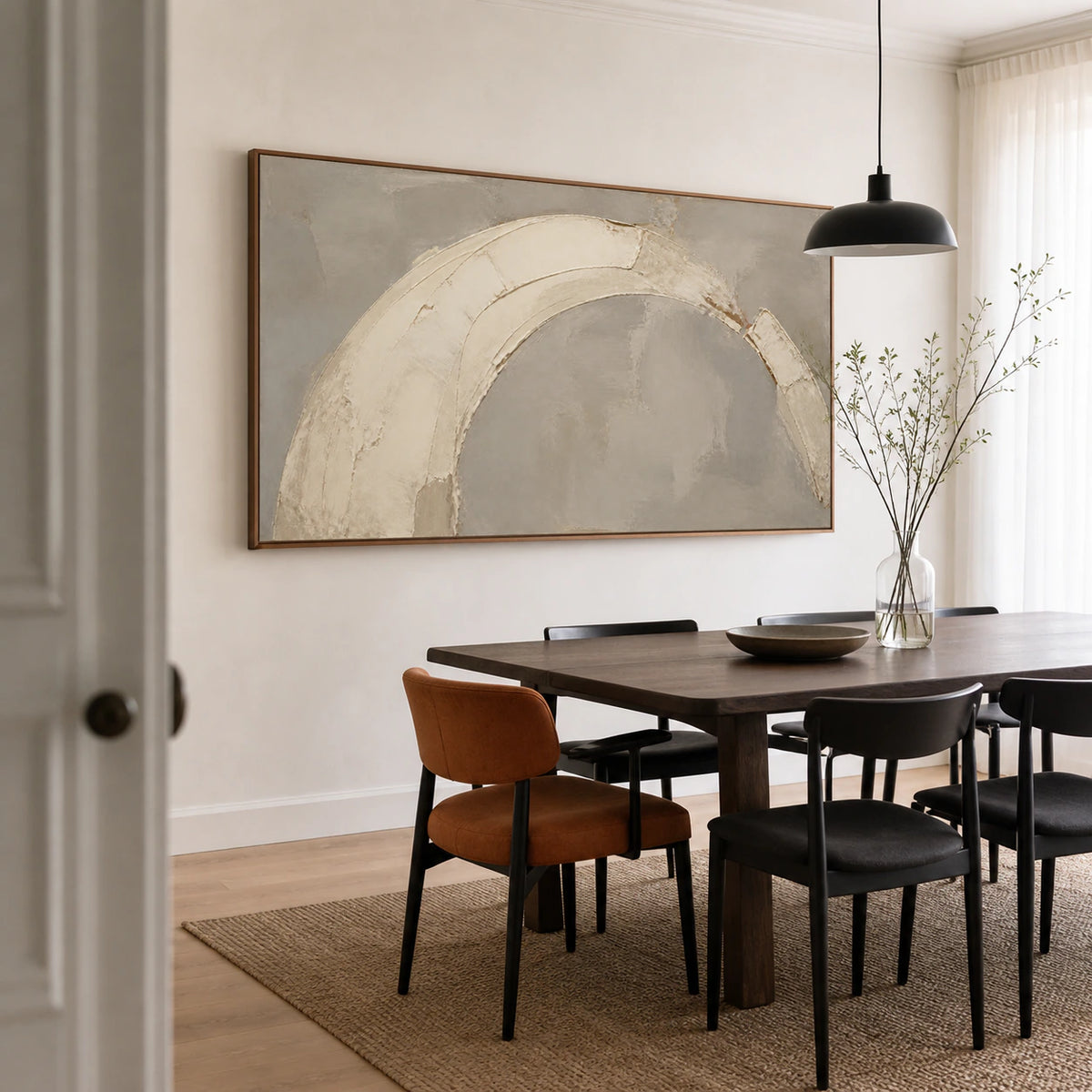 Refined dining room with Chalk-Span as the focal wall artwork.
