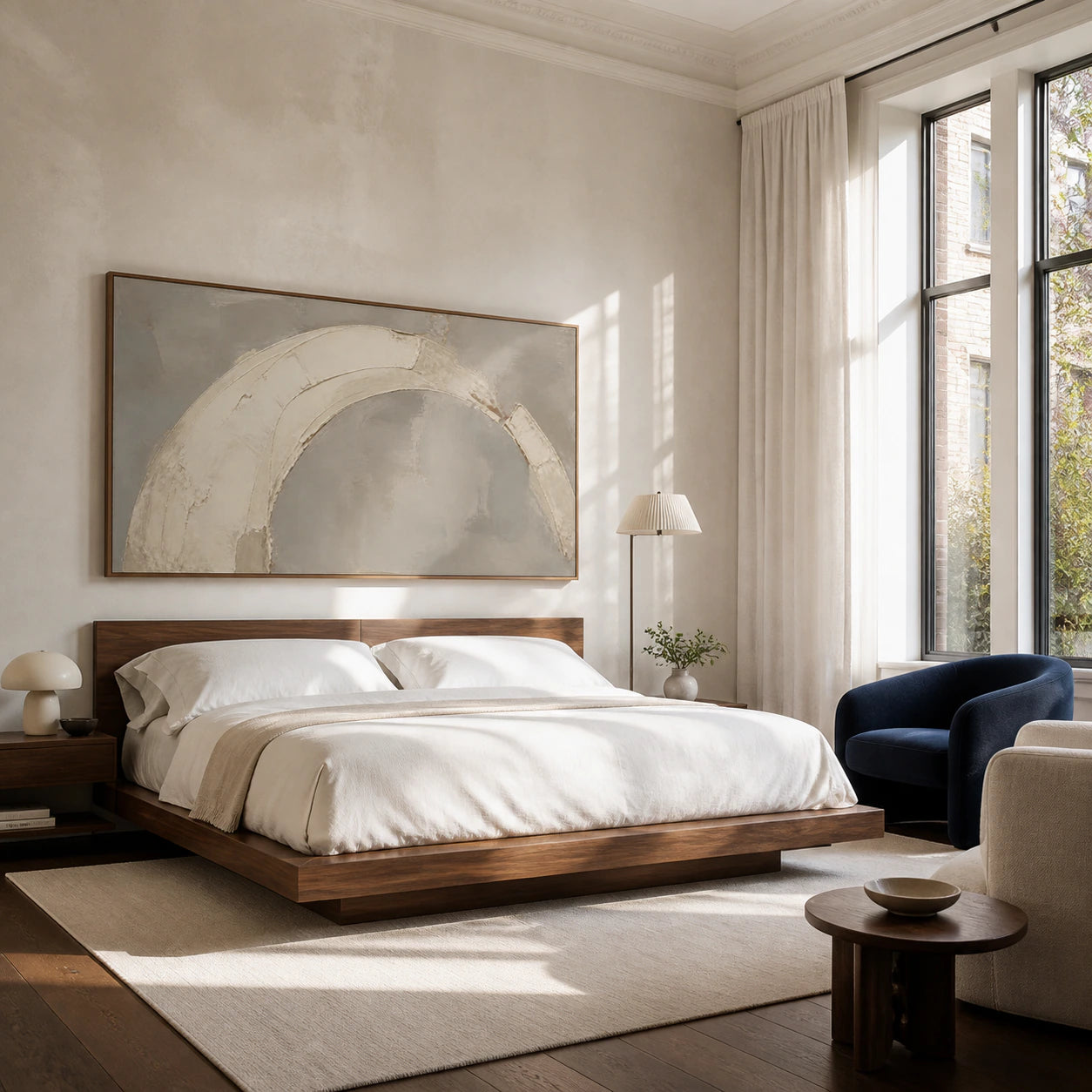 Quiet bedroom with the large Chalk-Span painting above a low bed.