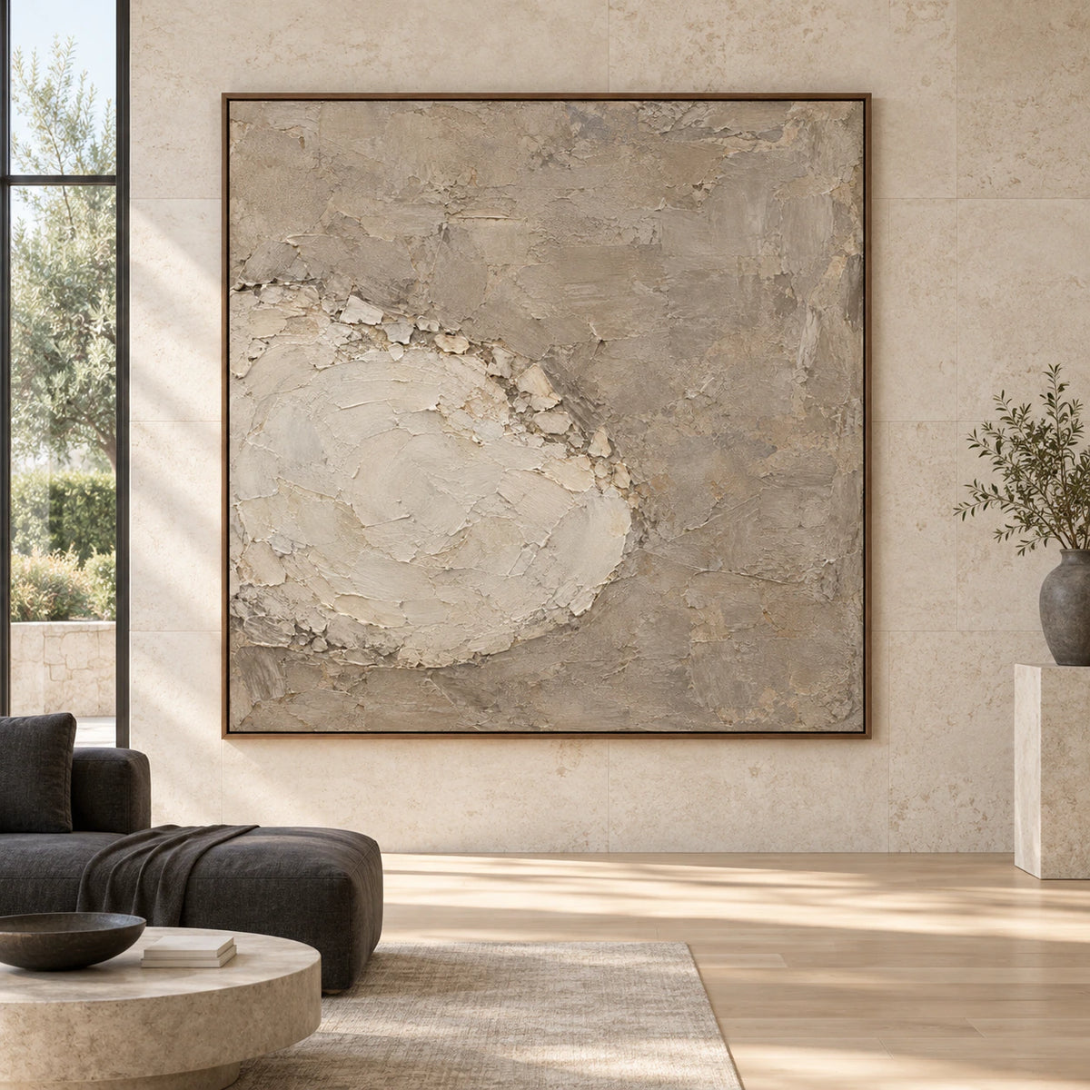 Chalk-Strata displayed at large scale straight-on in a spacious architectural interior.