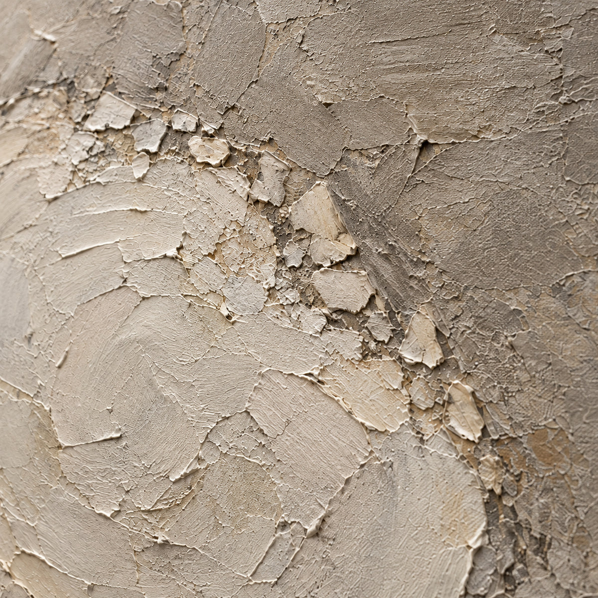 Chalk-Strata oil painting brushwork and impasto detail photographed from an oblique side angle