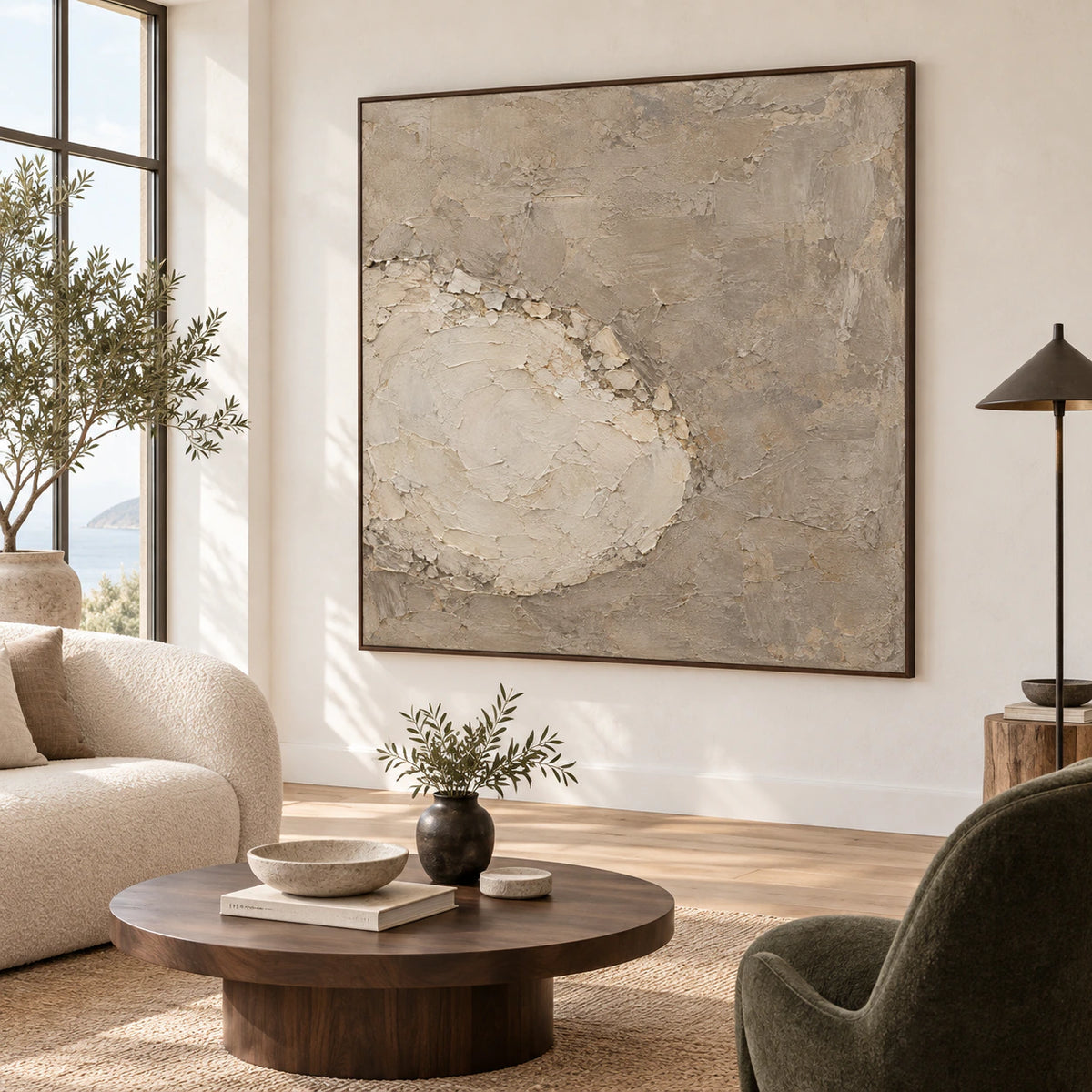 Chalk-Strata as the focal artwork in a bright, open living room.