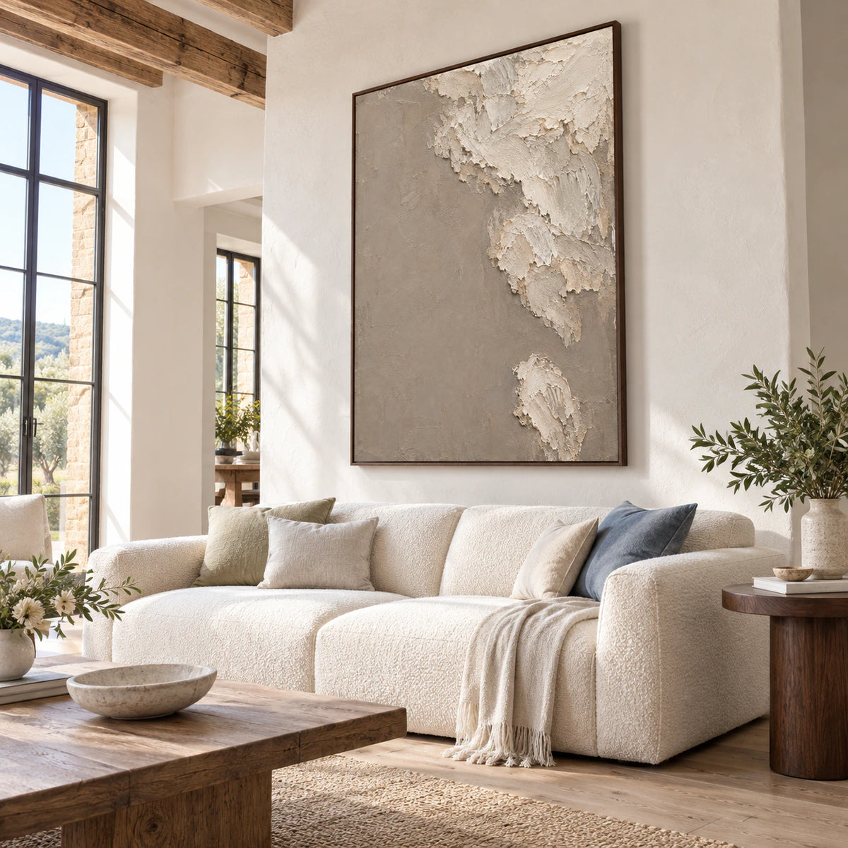 Bright living room featuring Chalk-Veil as a large vertical focal artwork.