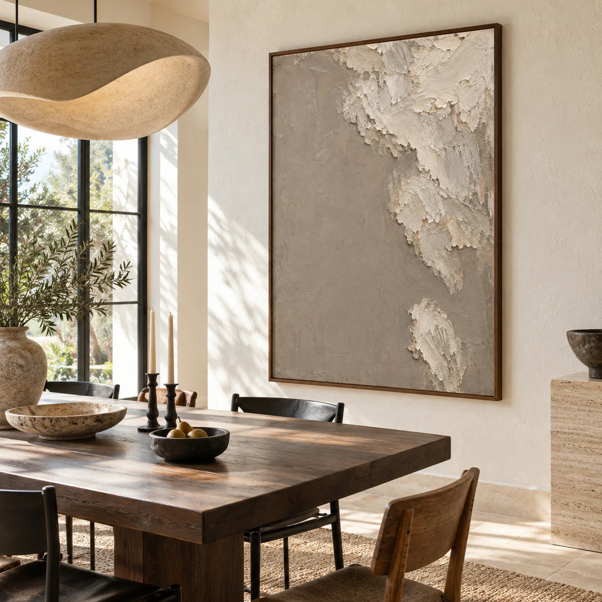 Refined dining room with Chalk-Veil displayed prominently on the wall.