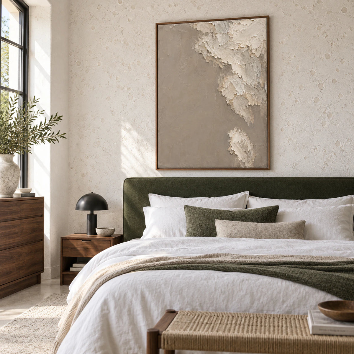 Quiet bedroom centered around the large vertical Chalk-Veil artwork.