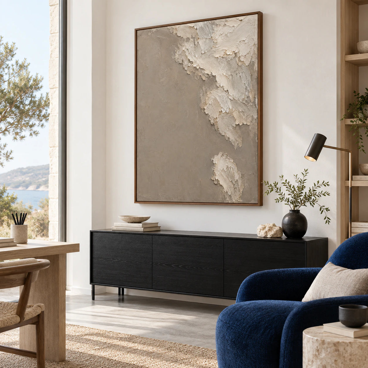 Airy reading space with Chalk-Veil as the dominant wall artwork.