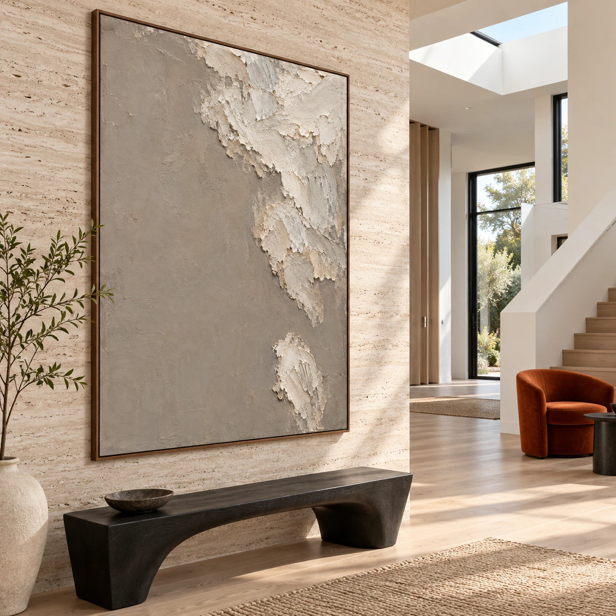 Gallery-scale foyer featuring an oversized presentation of Chalk-Veil.