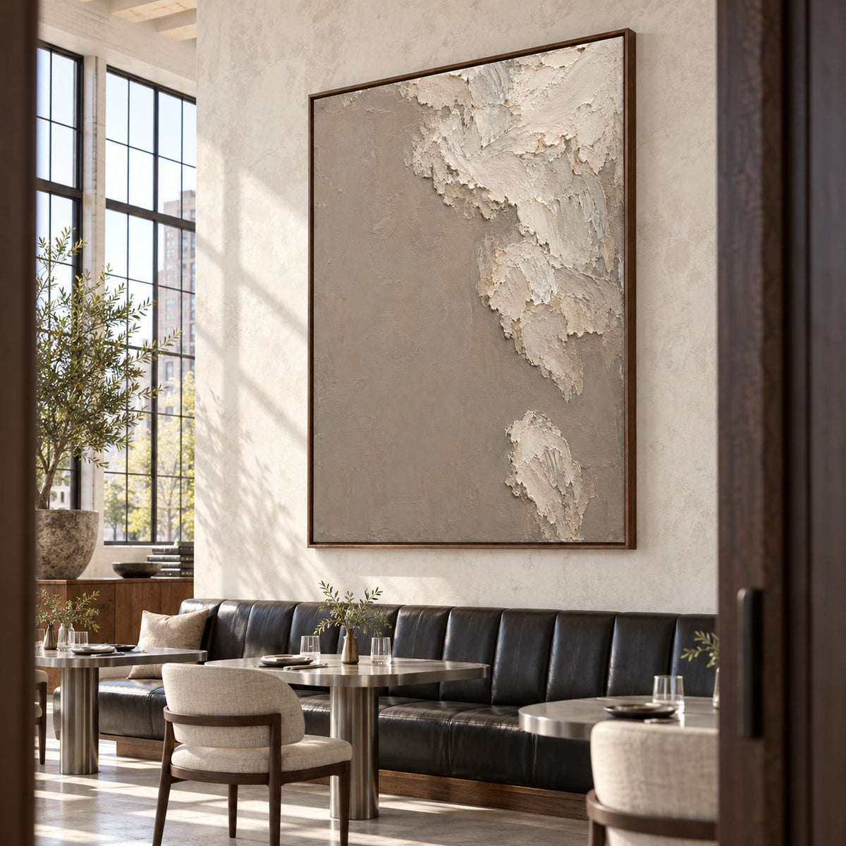 Expansive loft hospitality interior with Chalk-Veil as the central artwork.