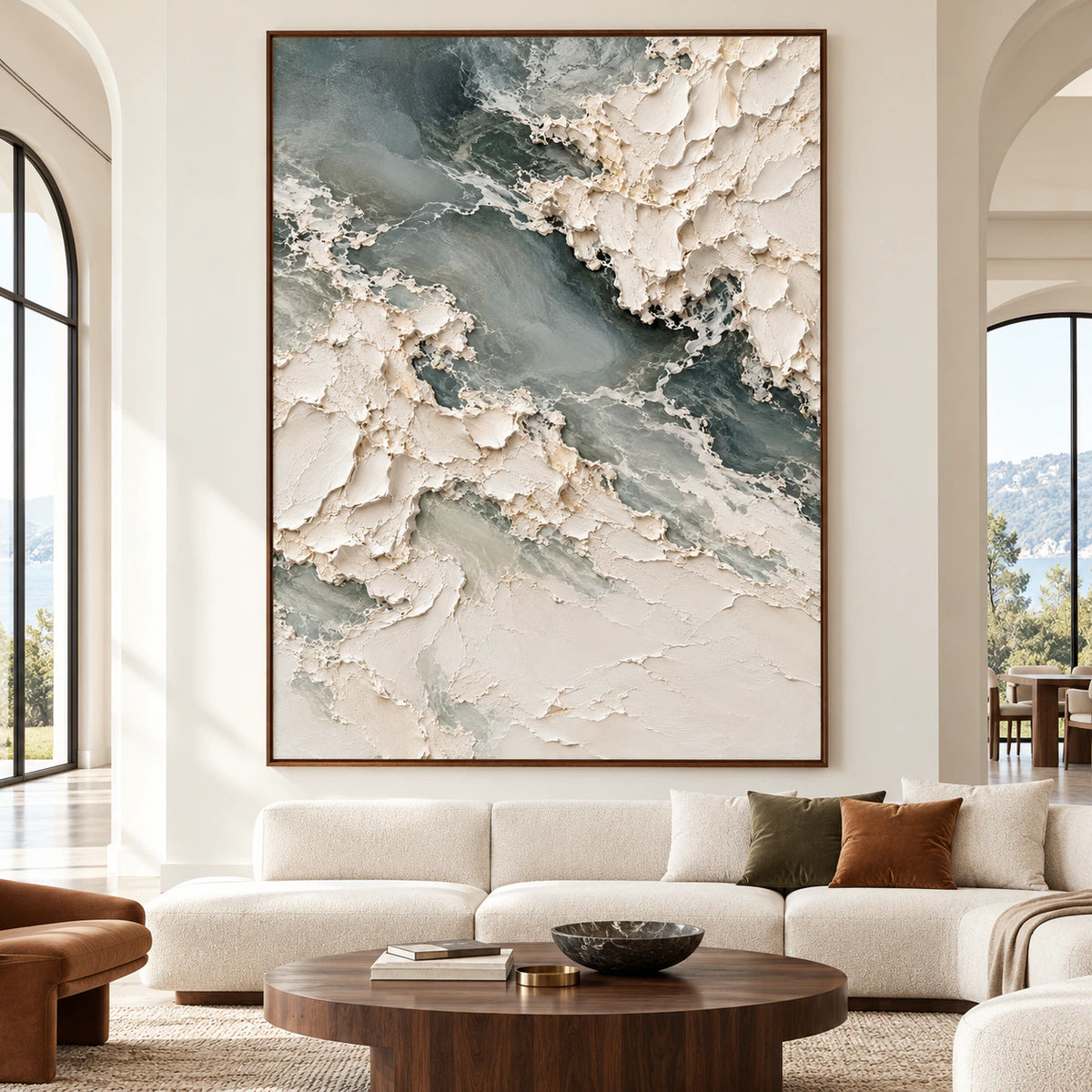 Large vertical Chalkwater-Fold painting viewed straight-on in a bright, spacious architectural room with restrained furnishings.