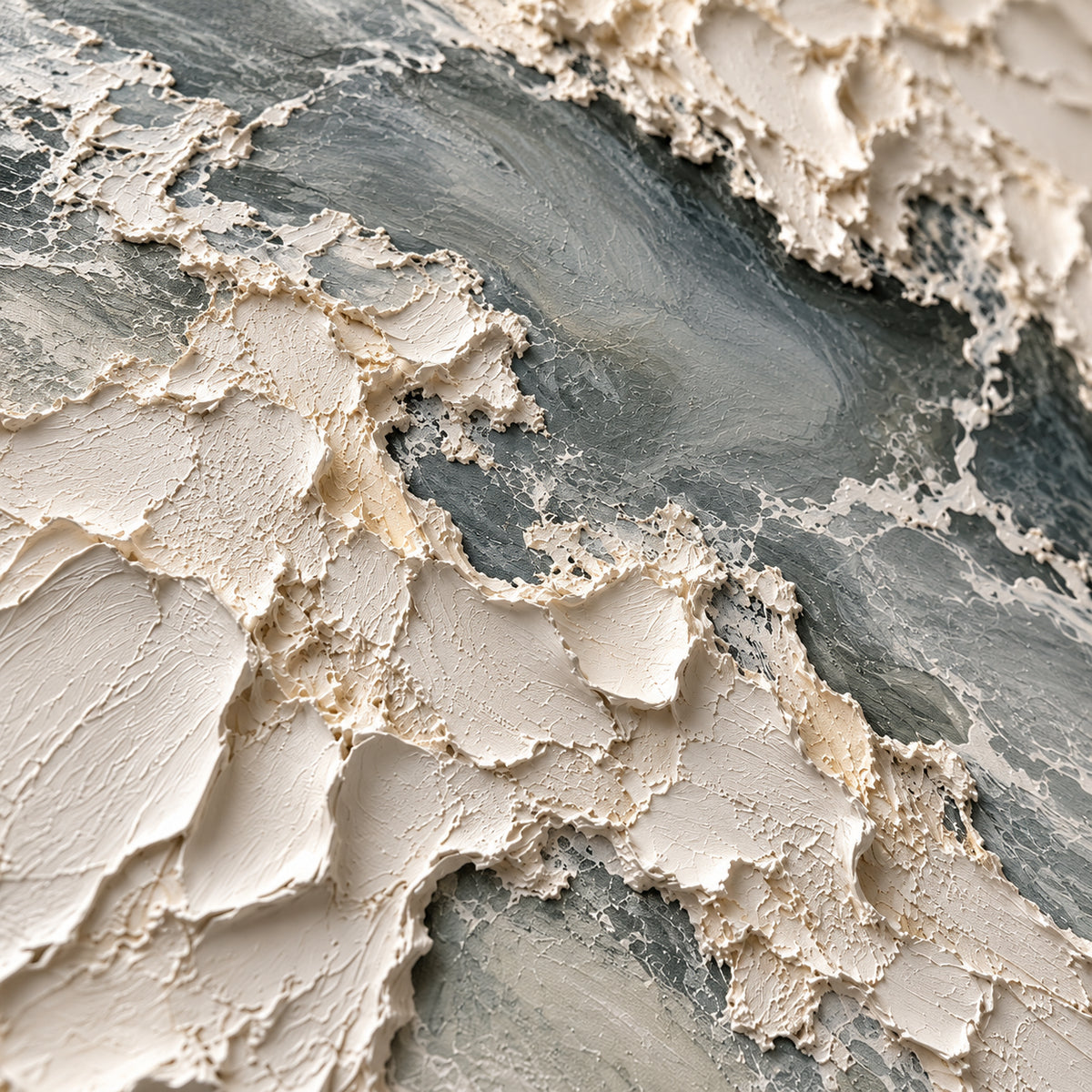 Oblique close-up of Chalkwater-Fold, showing pale raised paint and gray-green channels under directional light.