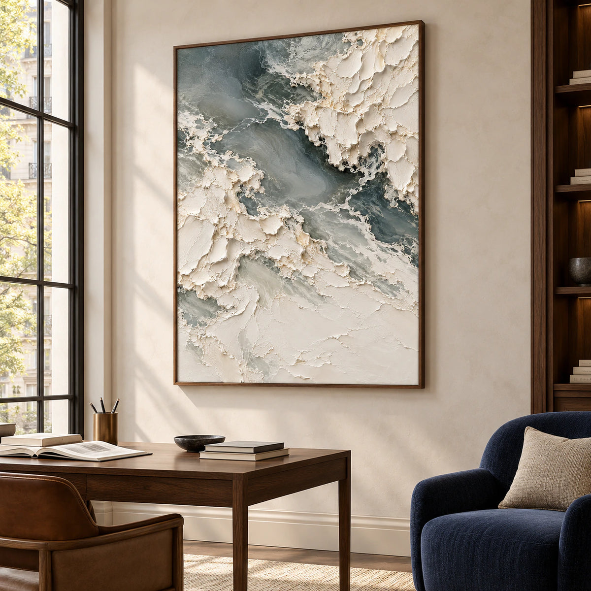 Large vertical Chalkwater-Fold painting in a bright home office with a slim desk, navy reading chair and tall windows, viewed from the right.