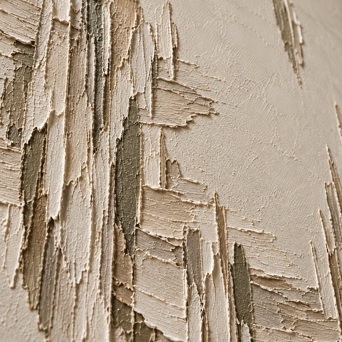 Oblique close-up of Chalky-Spires oil painting, showing raised paint, layered strokes and muted neutral tones under grazing directional light.