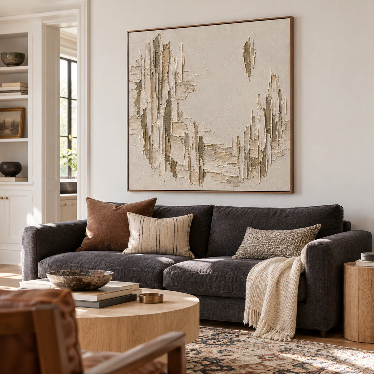 Left-oblique view of a square textured painting above a charcoal sofa on a soft white wall, with a pale oak side table in a bright living room.