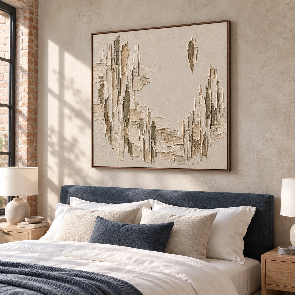 Low view from slightly left of center of a square textured painting above a bed with white linen, a deep blue-gray headboard and pale wood nightstands.