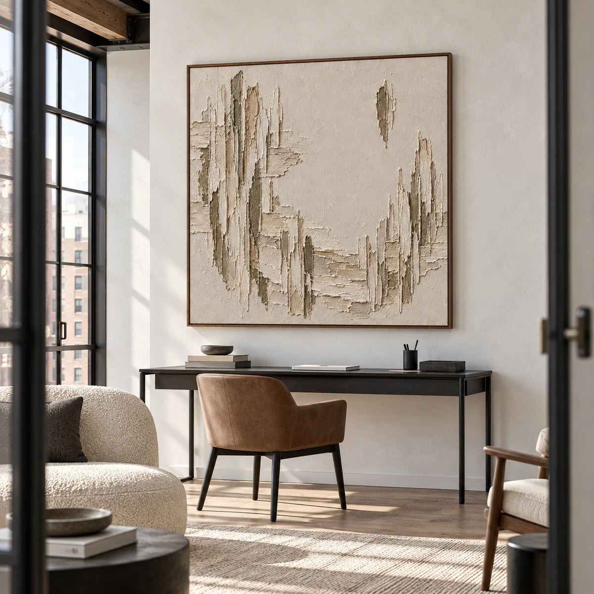 Right-oblique view of a square textured painting above a slim black writing desk on a cool off-white wall in a bright home office with a reading chair.