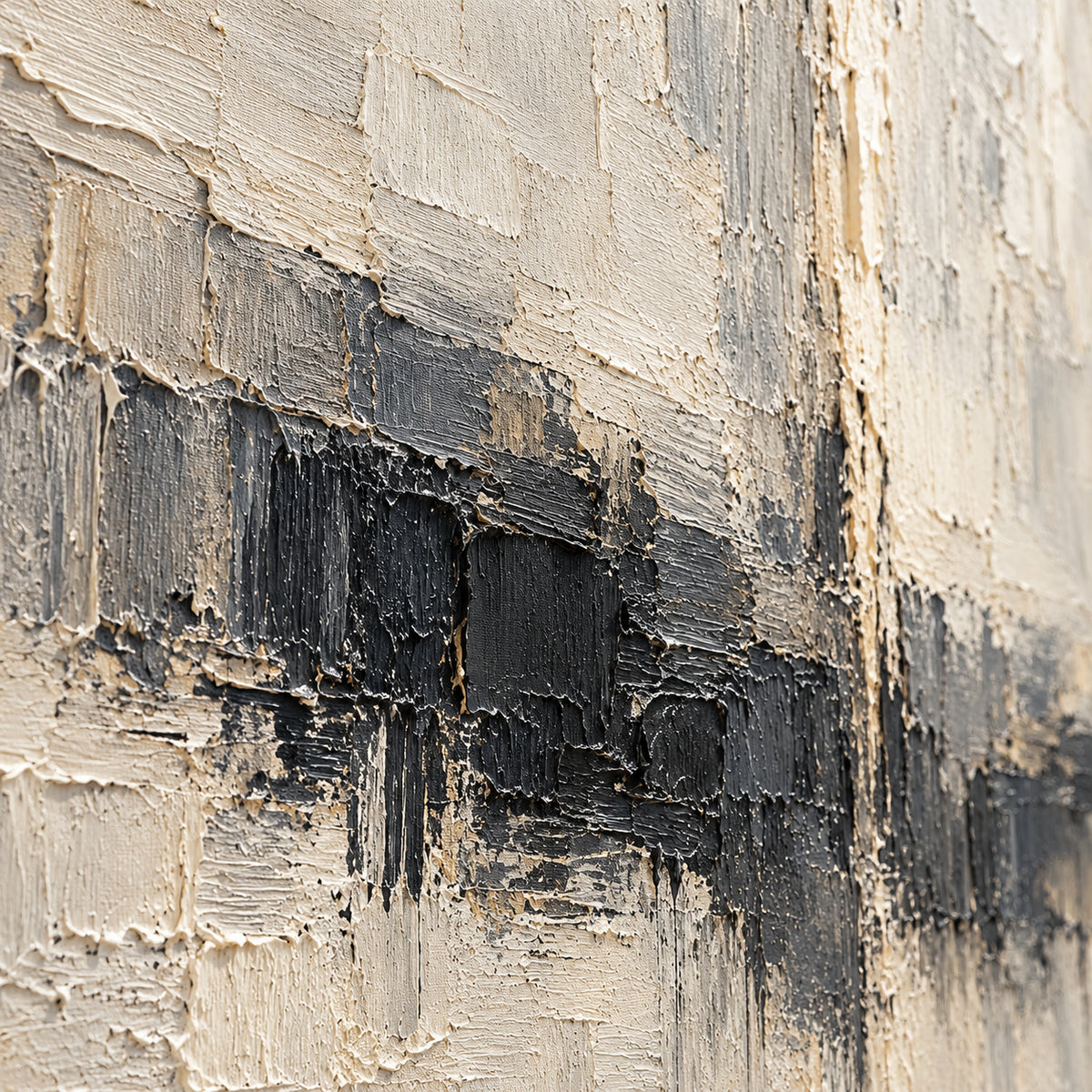 Oblique close-up of the charcoal and ivory oil painting, with grazing light revealing raised paint ridges, layered strokes and subtle tonal transitions.