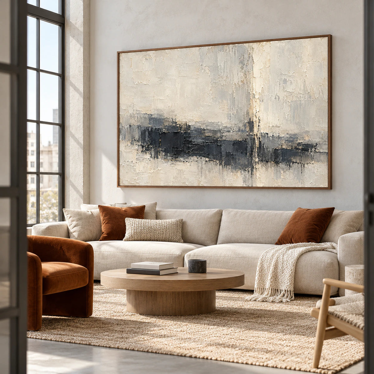 Charcoal and ivory abstract painting in an expansive loft with tall steel-framed windows, light concrete walls and rust-brown seating, viewed from a distant right angle.