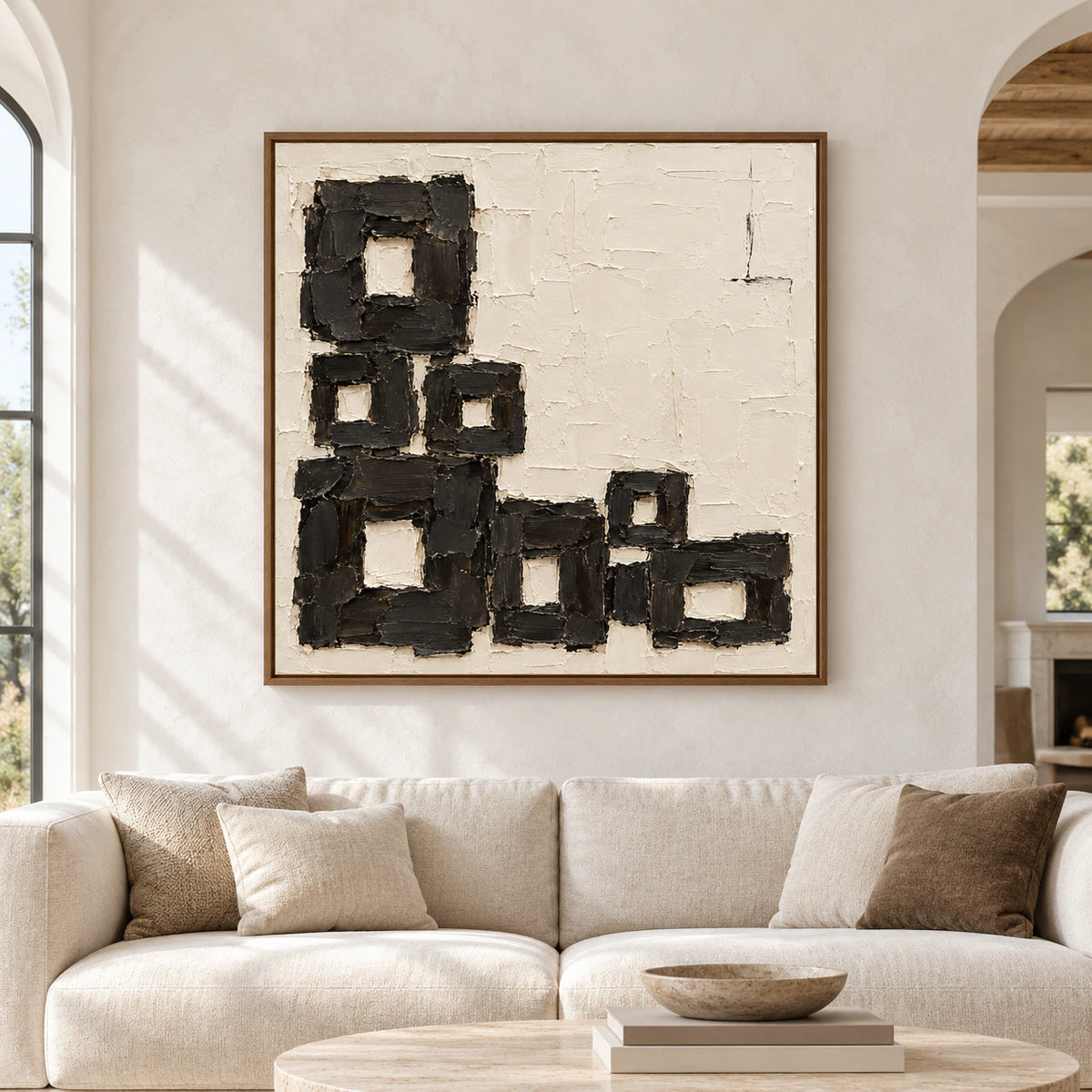 Large square Charcoal-Staircase artwork displayed straight-on on a pale wall in a spacious, sunlit living room.