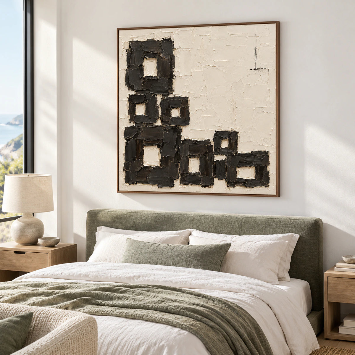 Square Charcoal-Staircase artwork above a quiet bedroom’s low upholstered bed in soft daylight.