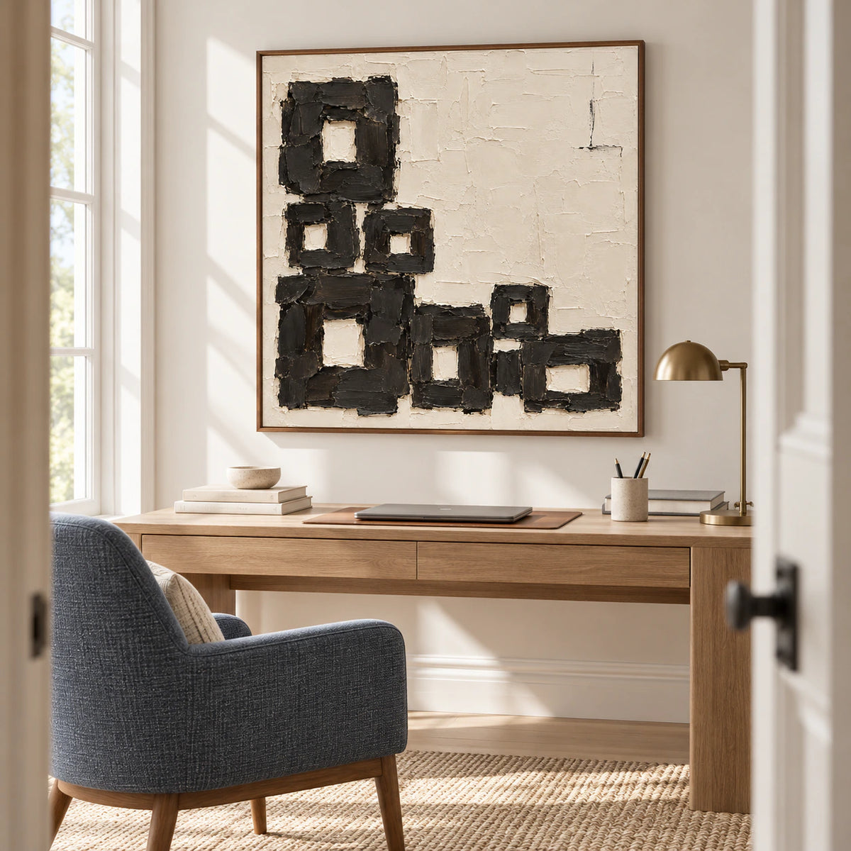 Square Charcoal-Staircase artwork in an airy home office beside a simple desk and reading chair.