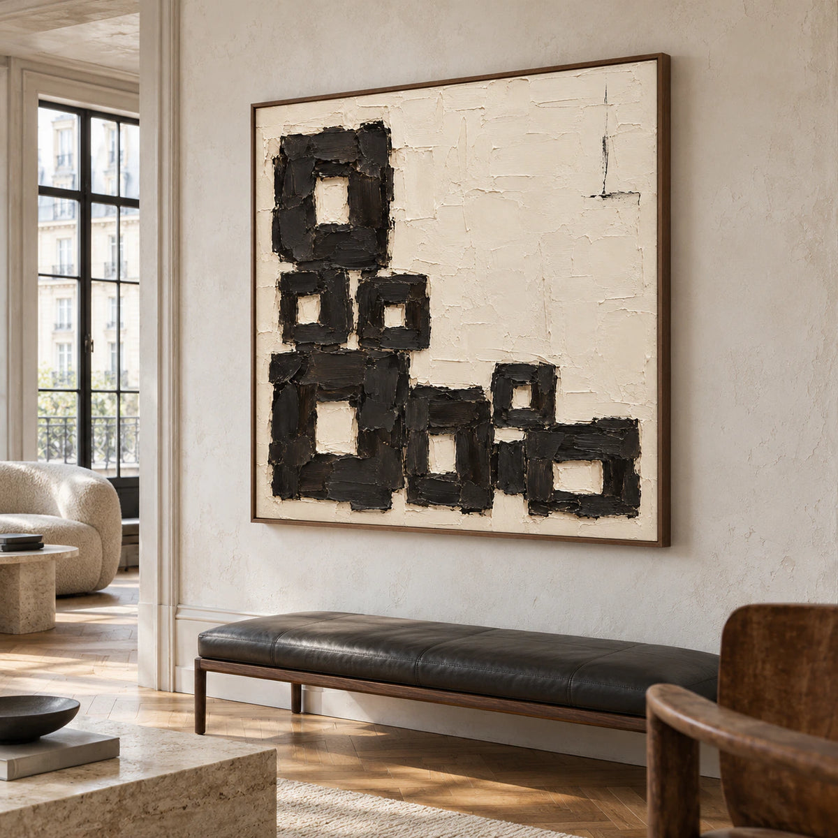 Square Charcoal-Staircase artwork displayed at large scale in an expansive loft interior with tall windows.