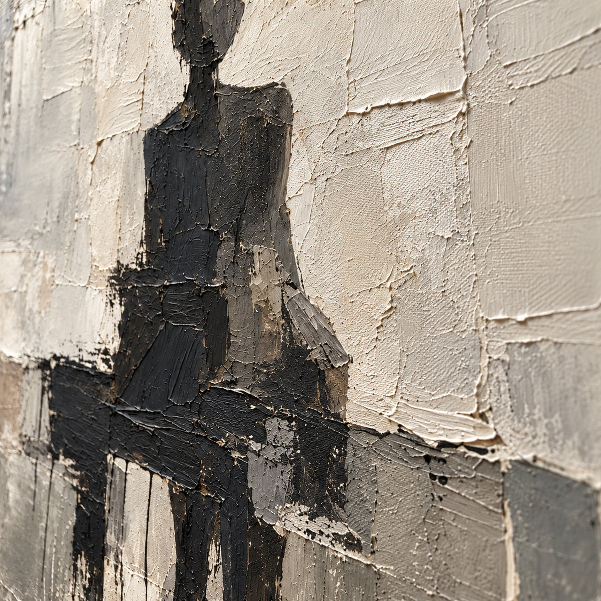 Charcoal-Threshold oil painting brushwork and impasto detail photographed from an oblique side angle