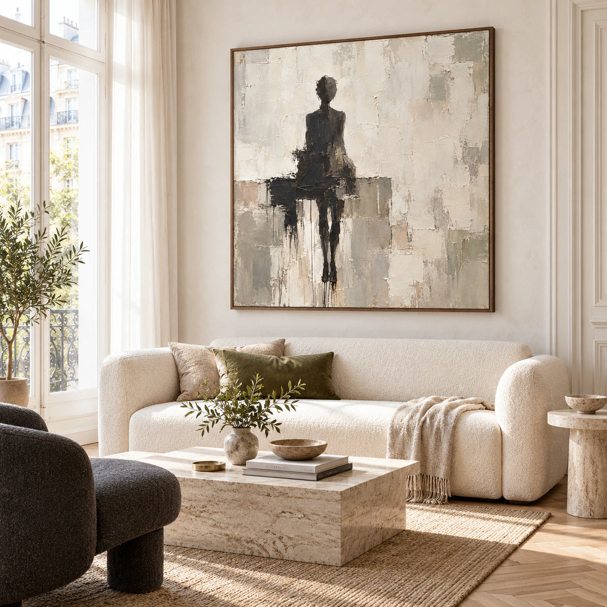 Charcoal-Threshold above a restrained sofa in a bright contemporary living room.