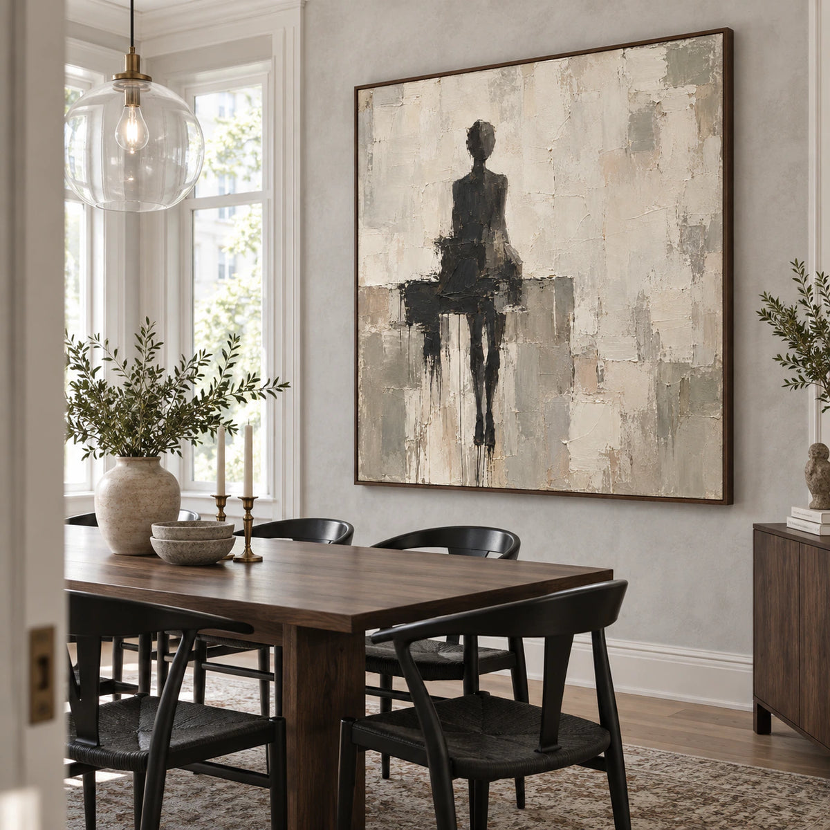 Charcoal-Threshold in a refined daylight-filled dining room with sculptural furnishings.