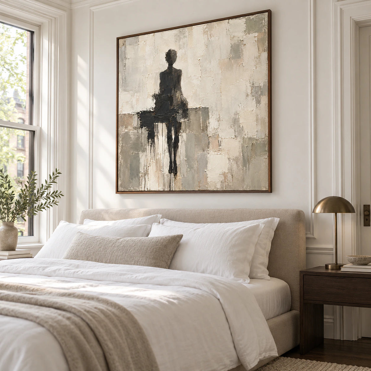 Charcoal-Threshold as a calm focal point in a softly lit neutral bedroom.