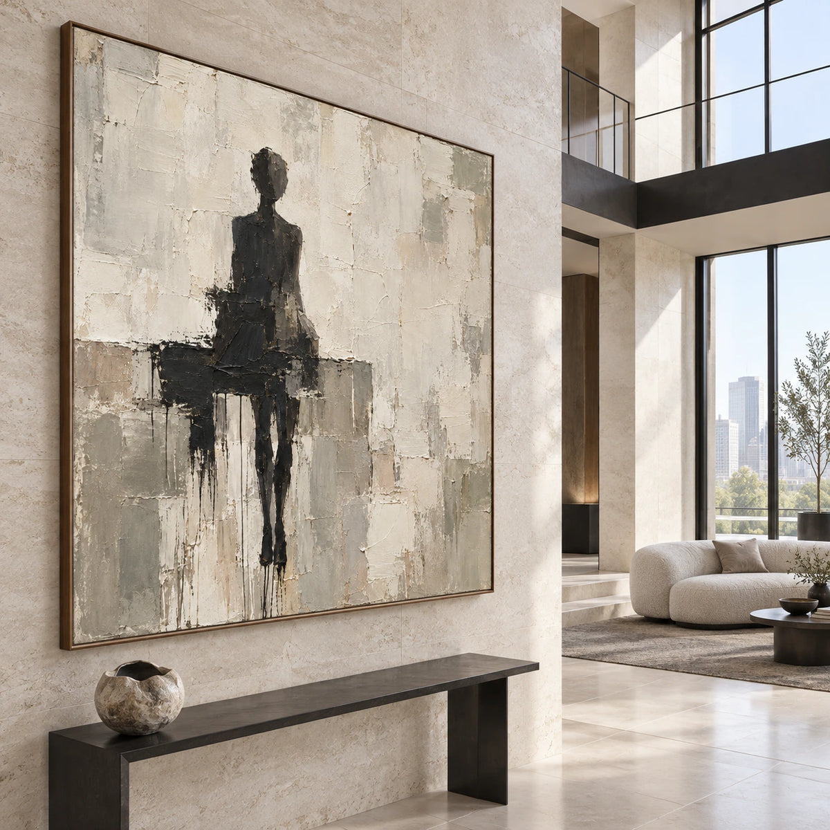 Charcoal-Threshold presented at gallery scale in an open, light-filled foyer.