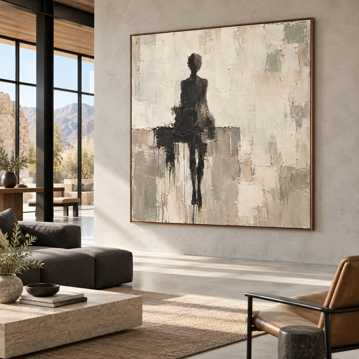 Charcoal-Threshold anchoring an expansive daylight loft hospitality interior.