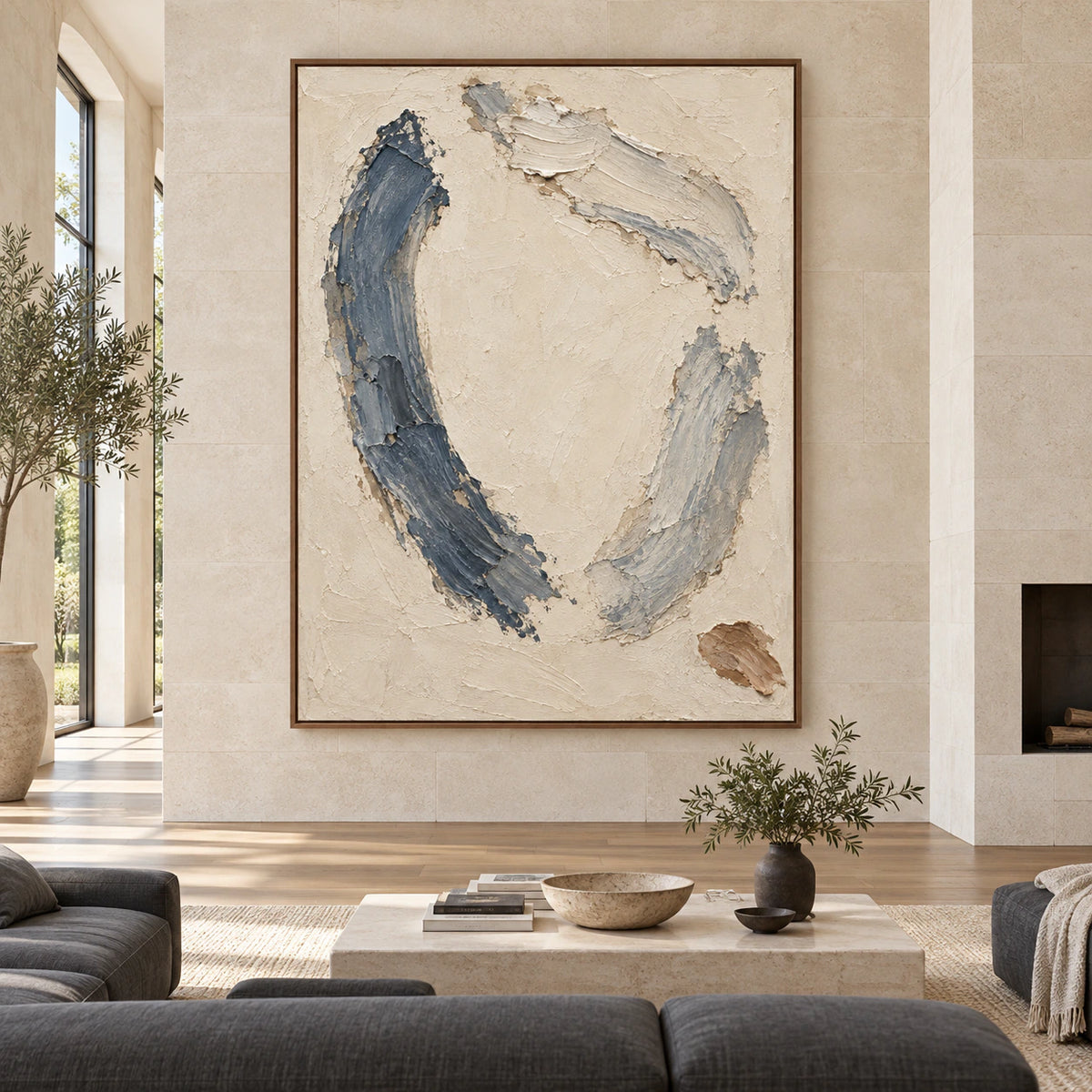 Cinder-Arc displayed large and straight-on in a bright, spacious architectural living room.