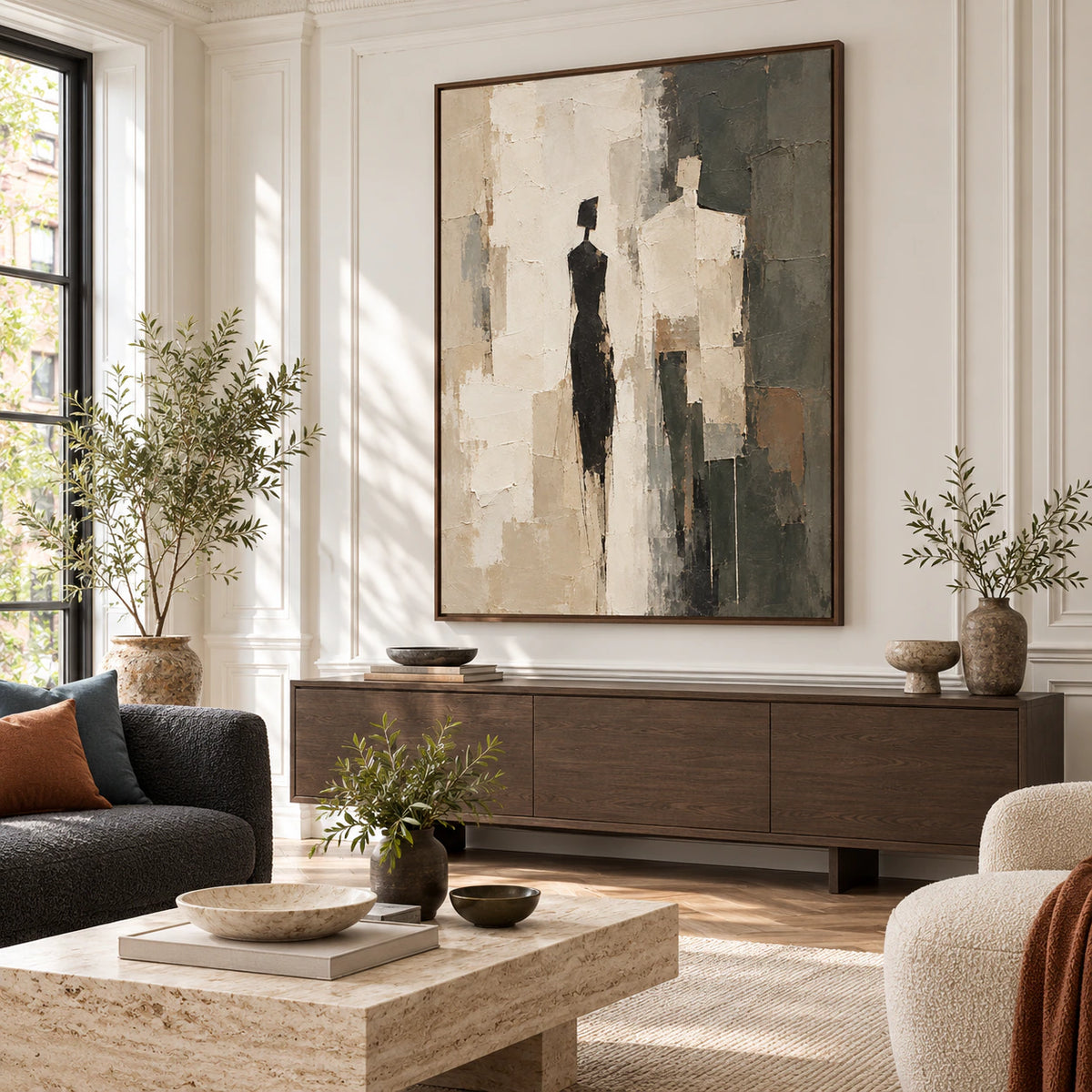 Bright living room with Cinder-Assembly as the dominant vertical artwork.