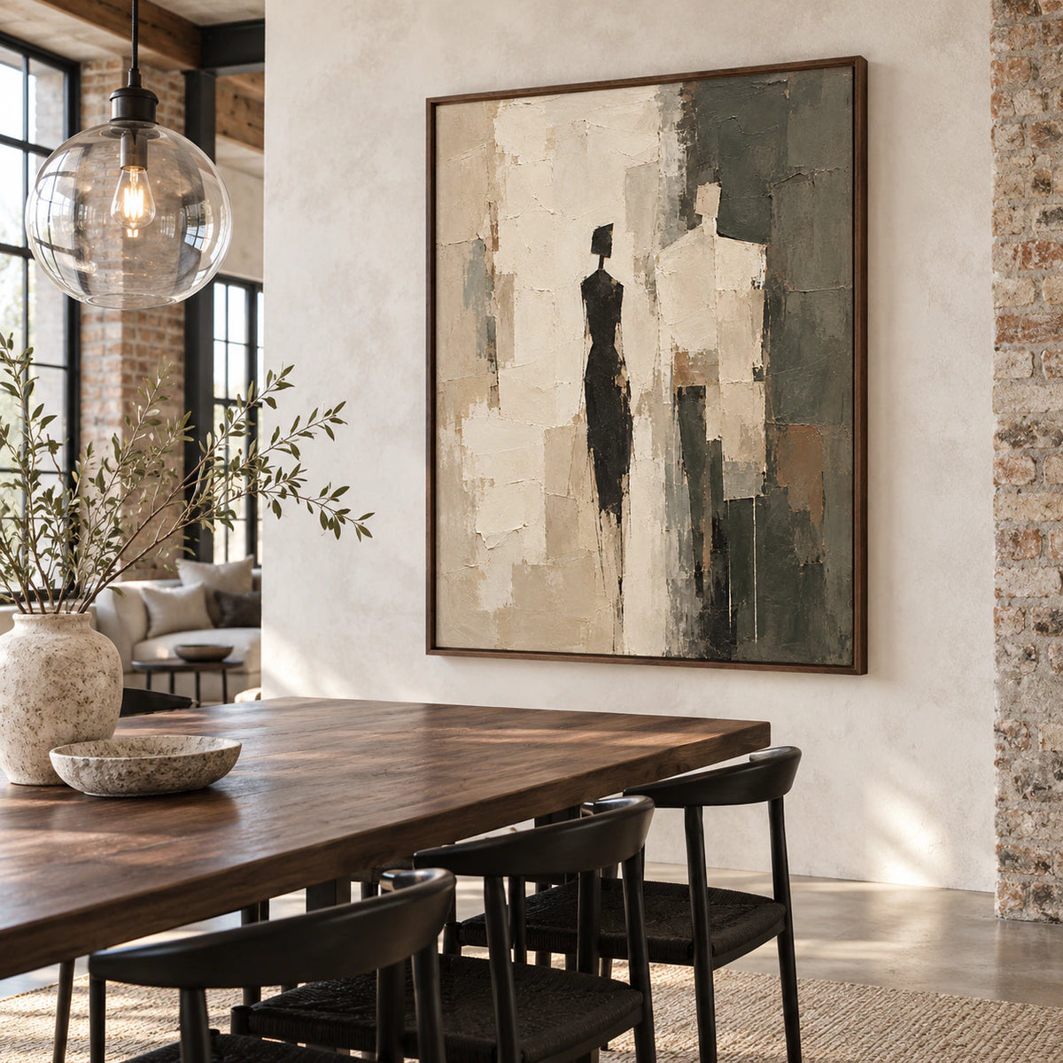 Refined dining room centered on the Cinder-Assembly figure painting.