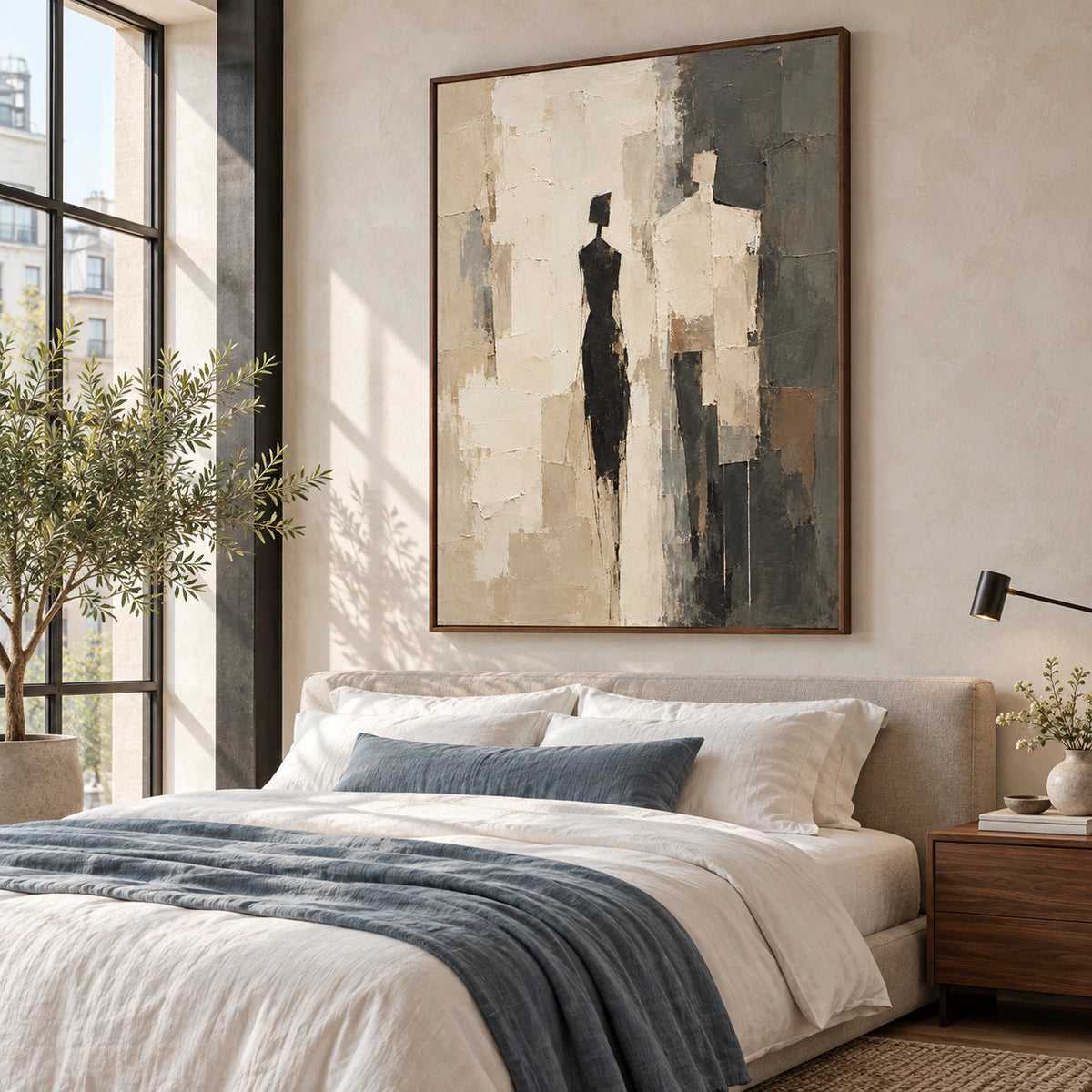Quiet bedroom featuring the Cinder-Assembly painting above a low upholstered bed.