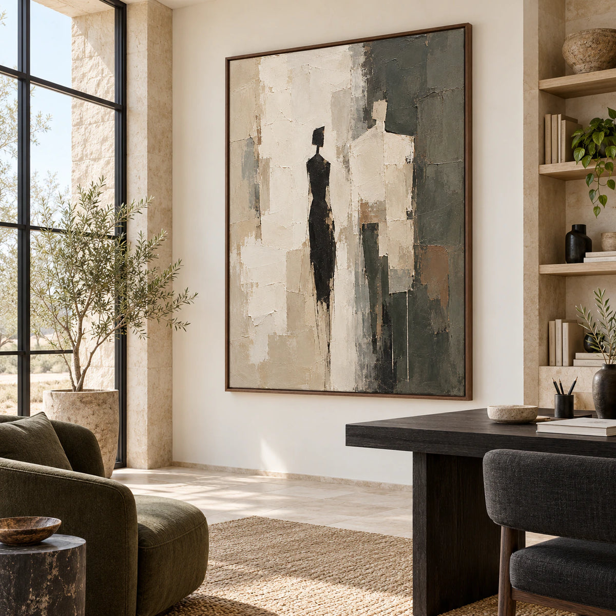 Airy reading office with Cinder-Assembly displayed as the central artwork.