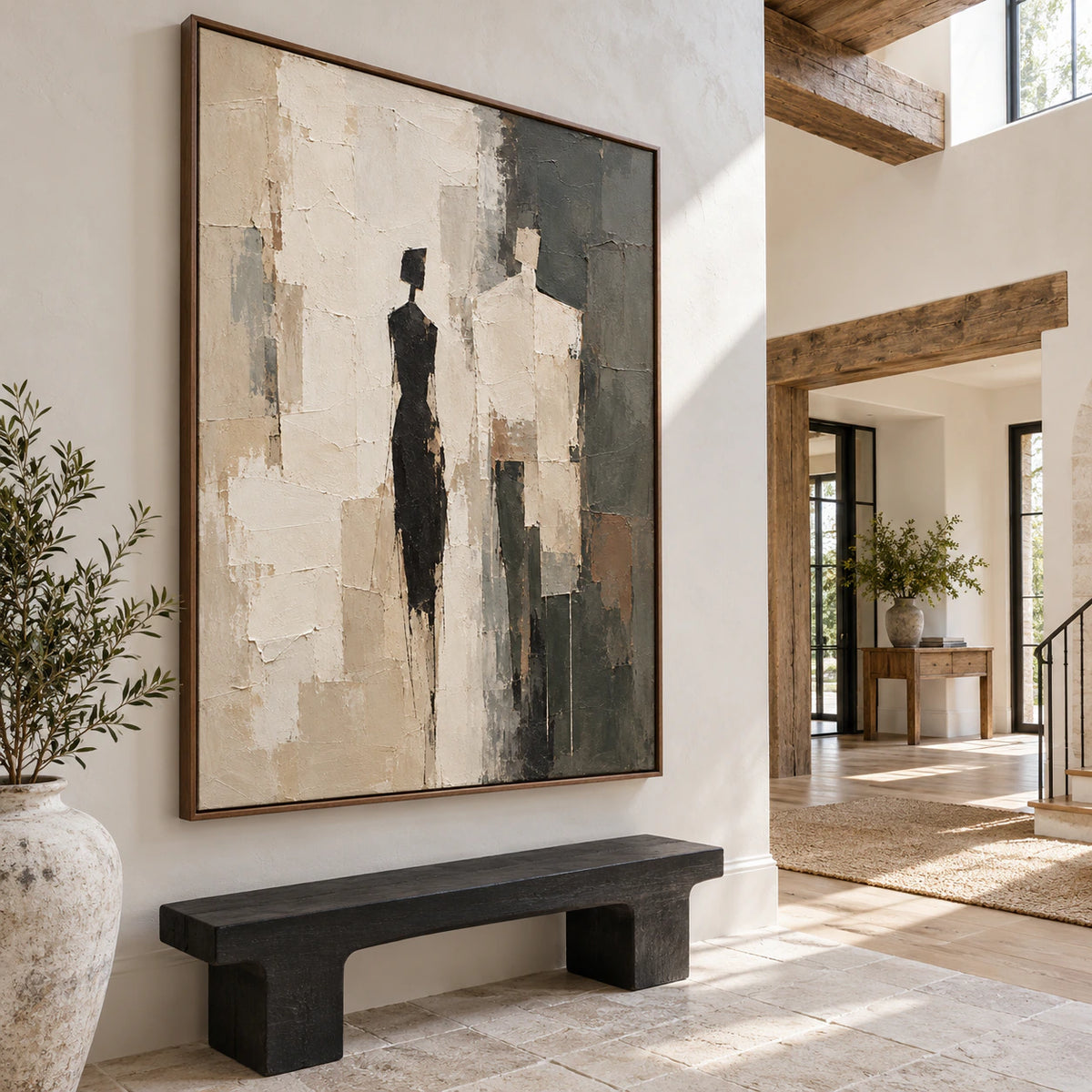 Gallery-scale foyer with the Cinder-Assembly painting as a commanding focal point.