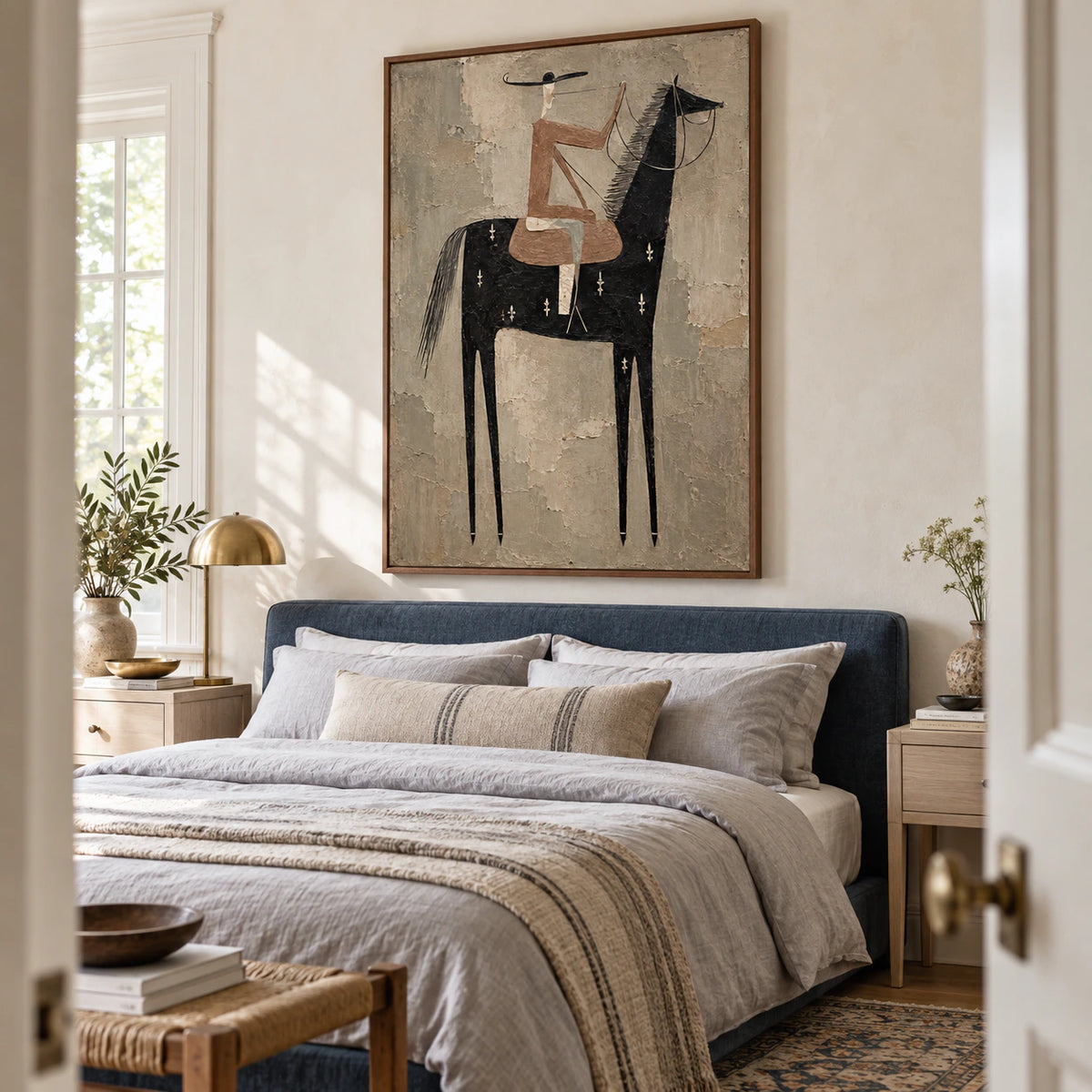 Cinder-Canter in a quiet, softly lit bedroom with restrained furnishings.