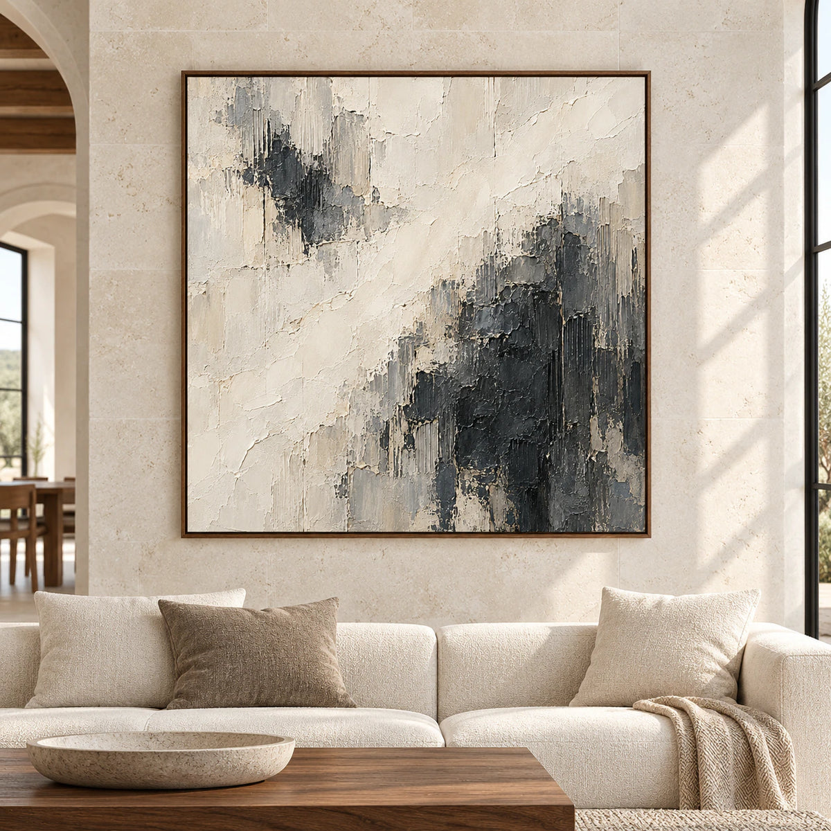 Straight-on view of Cinder-Ledger on a pale limestone wall in a spacious, daylit room with natural wood furniture and muted textiles.