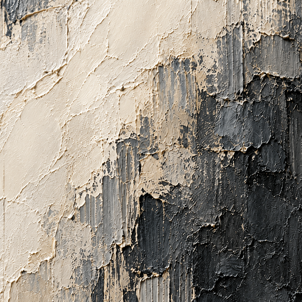 Close detail of Cinder-Ledger from an oblique side angle, with grazing light revealing raised paint, vertical grooves, and ivory, gray, and charcoal layers.