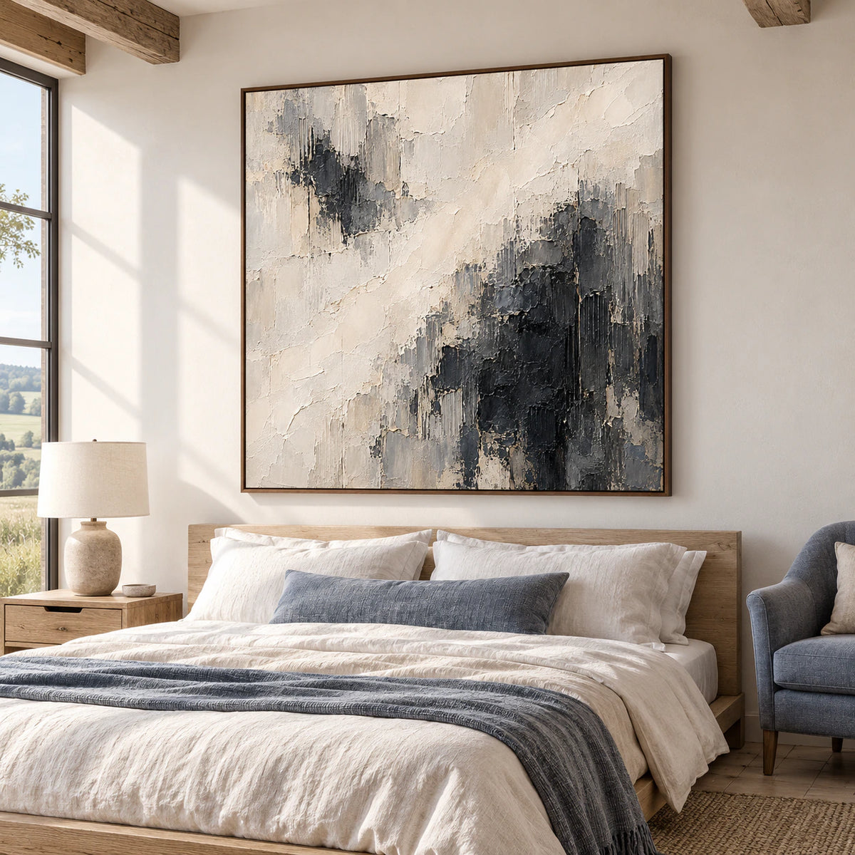 Gently elevated left-oblique view of Cinder-Ledger above a low bed with white linen and a pale timber headboard, beside a blue-gray chair in morning light.