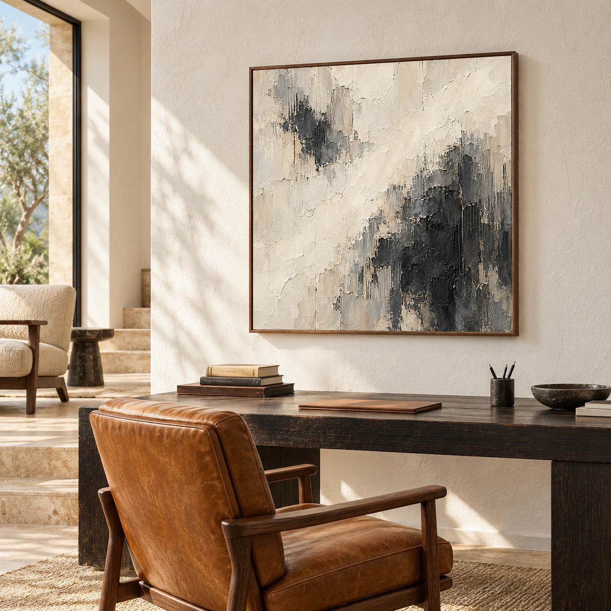Low right-side view of Cinder-Ledger on an off-white home office wall, with a blackened-wood desk, ochre leather reading chair, and side-window daylight.
